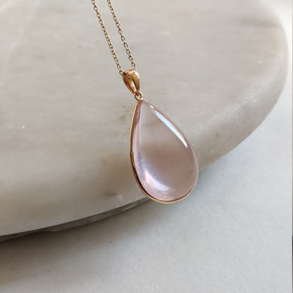 Natural Rose Quartz Pendant, 14K Solid Gold Rose Quartz Pendant, Christmas Gift, January Birthstone, Rose Quartz Pear Bezel Pendant