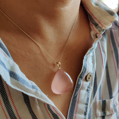 Natural Rose Quartz Pendant, 14K Solid Gold Rose Quartz Pendant, January Birthstone, Rose Quartz Bezel Pendant, Christmas Gift, Pear Pendant