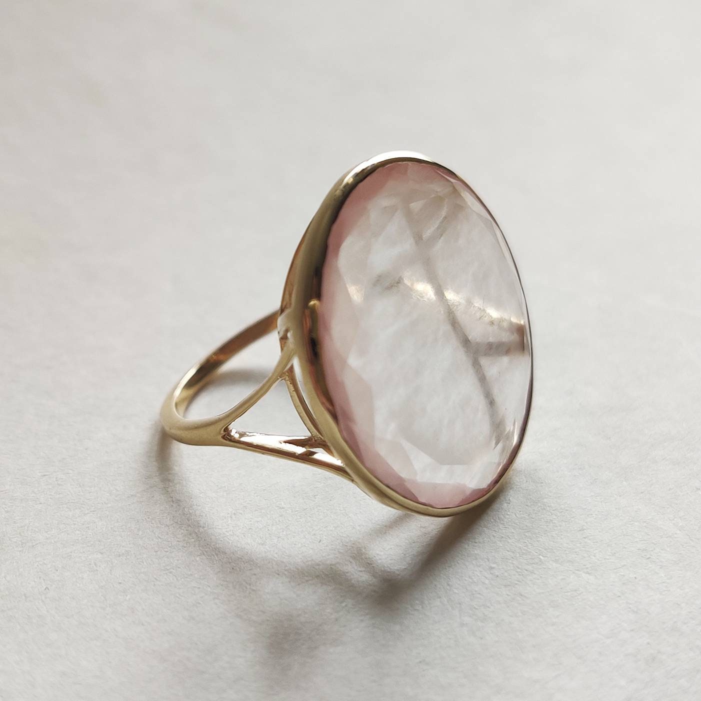 Natural Rose Quartz Ring, 14K Solid Yellow Gold Ring, Rose Quartz Round  Ring, Rose Quartz Jewelry, January Birthstone, Christmas Gift,