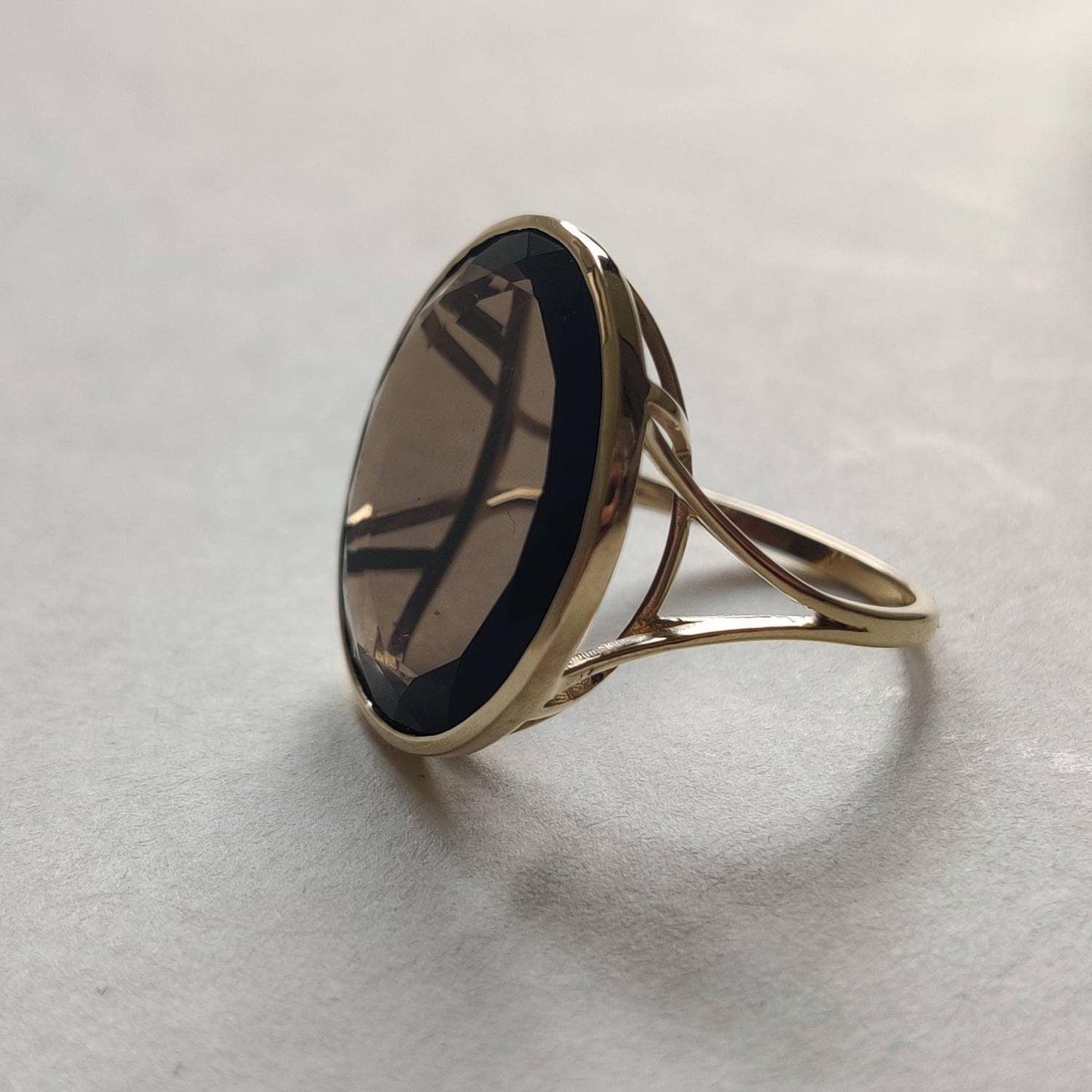 Natural Smoky Quartz Ring, 14K Solid Yellow Gold Smoky Quartz Ring, Smoky Quartz Jewelry, June Birthstone, Round Flat Cut Ring