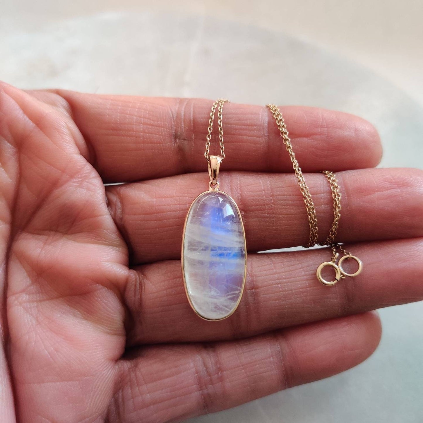 Natural Rainbow Moonstone Necklace, 14K Solid Gold Moonstone Pendant, Yellow Gold Necklace Pendant, Blue Moonstone Jewelry, June Birthstone