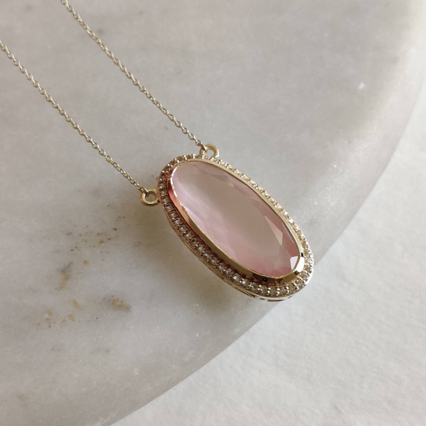 Natural Rose Quartz White Topaz Pendant, 14K Solid Gold Rose Quartz Pendant, Chain Necklace, January Birthstone, Quartz Topaz Jewelry