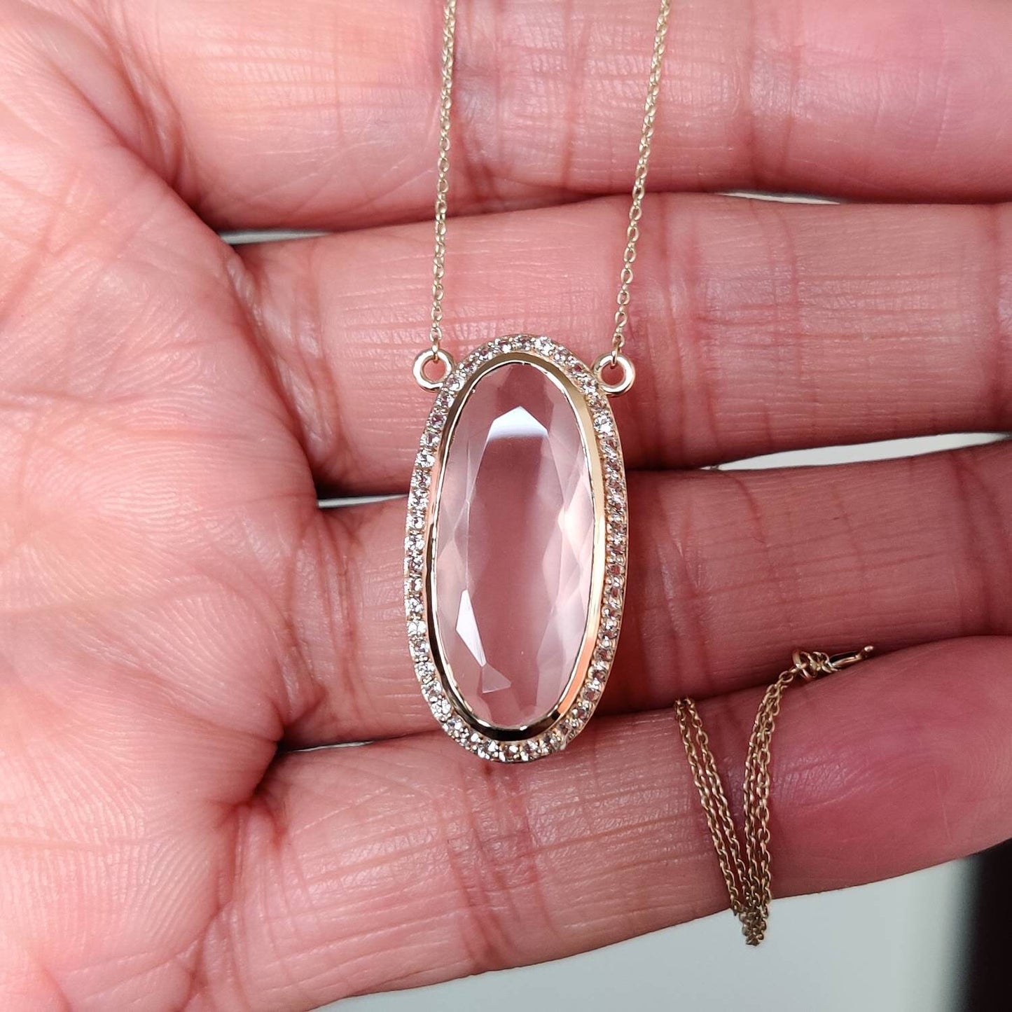 Natural Rose Quartz White Topaz Pendant, 14K Solid Gold Rose Quartz Pendant, Chain Necklace, January Birthstone, Quartz Topaz Jewelry