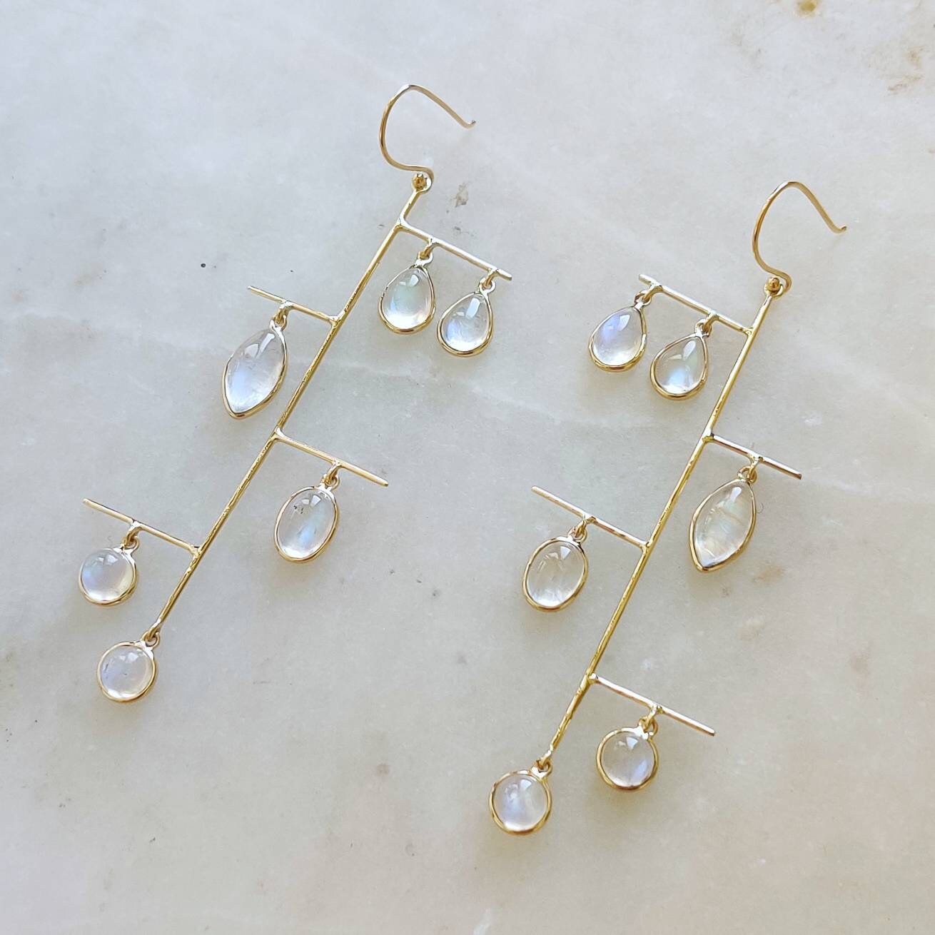 14K Gold Rainbow Moonstone Earrings, Natural Rainbow Moonstone Earrings, 14K Solid Yellow Gold Earrings, June Birthstone, Christmas Gift