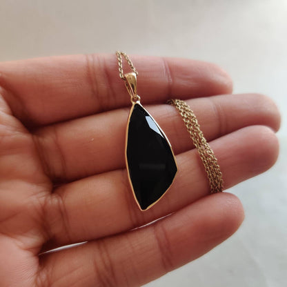 Natural Black Onyx Pendant, 14K Solid Yellow Gold Black Onyx Pendant, December Birthstone Pendant, Christmas Present, Black Onyx Jewelry