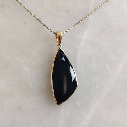 Natural Black Onyx Pendant, 14K Solid Yellow Gold Black Onyx Pendant, December Birthstone Pendant, Christmas Present, Black Onyx Jewelry