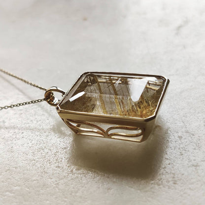 Natural Golden Rutile Pendant, 14K Solid Gold Rutile Pendant, Solid Gold Pendant Necklace, April Birthstone, Christmas Gift, Bezel Pendant