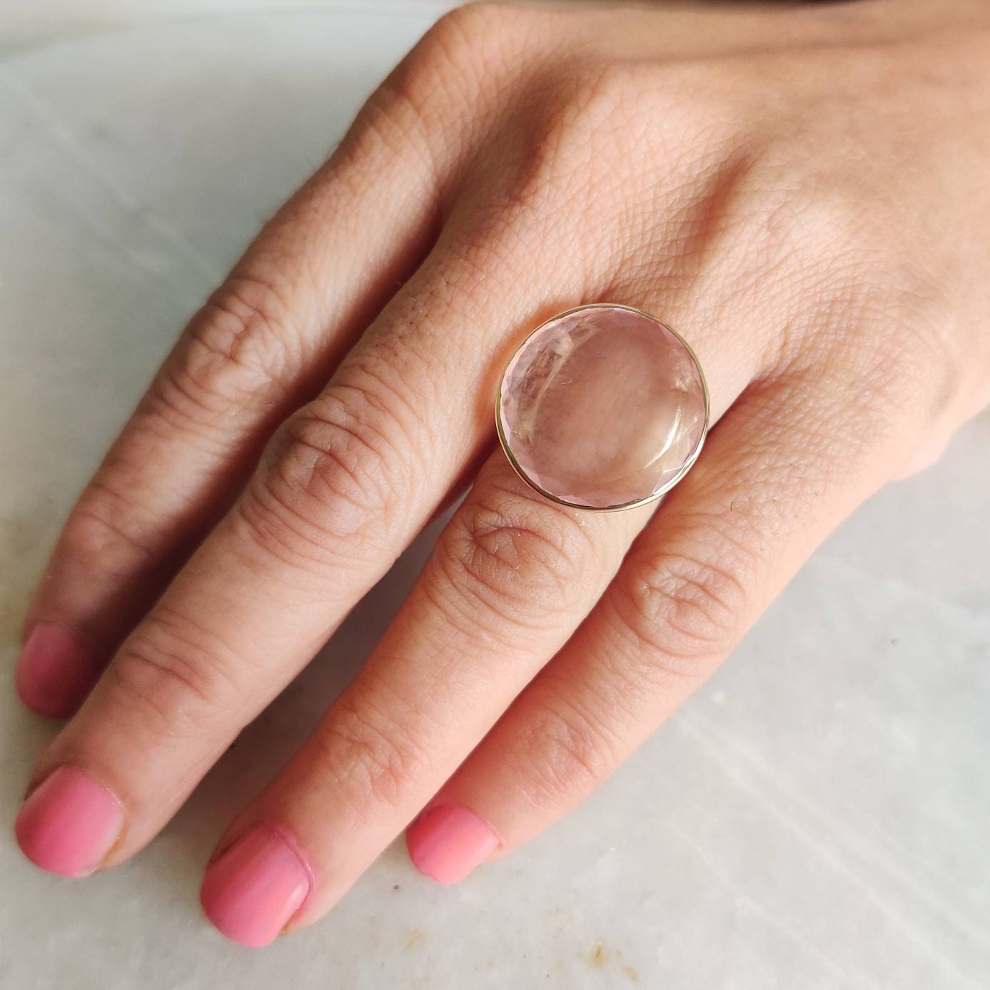 Natural Rose Quartz Ring, 14K Solid Yellow Gold Ring, Rose Quartz Round  Ring, Rose Quartz Jewelry, January Birthstone, Christmas Gift,