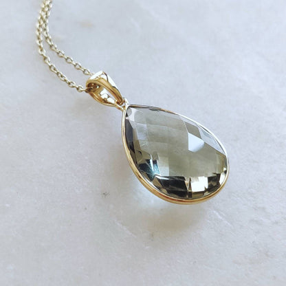 Natural Green Amethyst Pendant, 14K Solid Gold Green Amethyst Pendant, Solid Gold Pear Bezel Pendant, February Birthstone, Christmas Gift