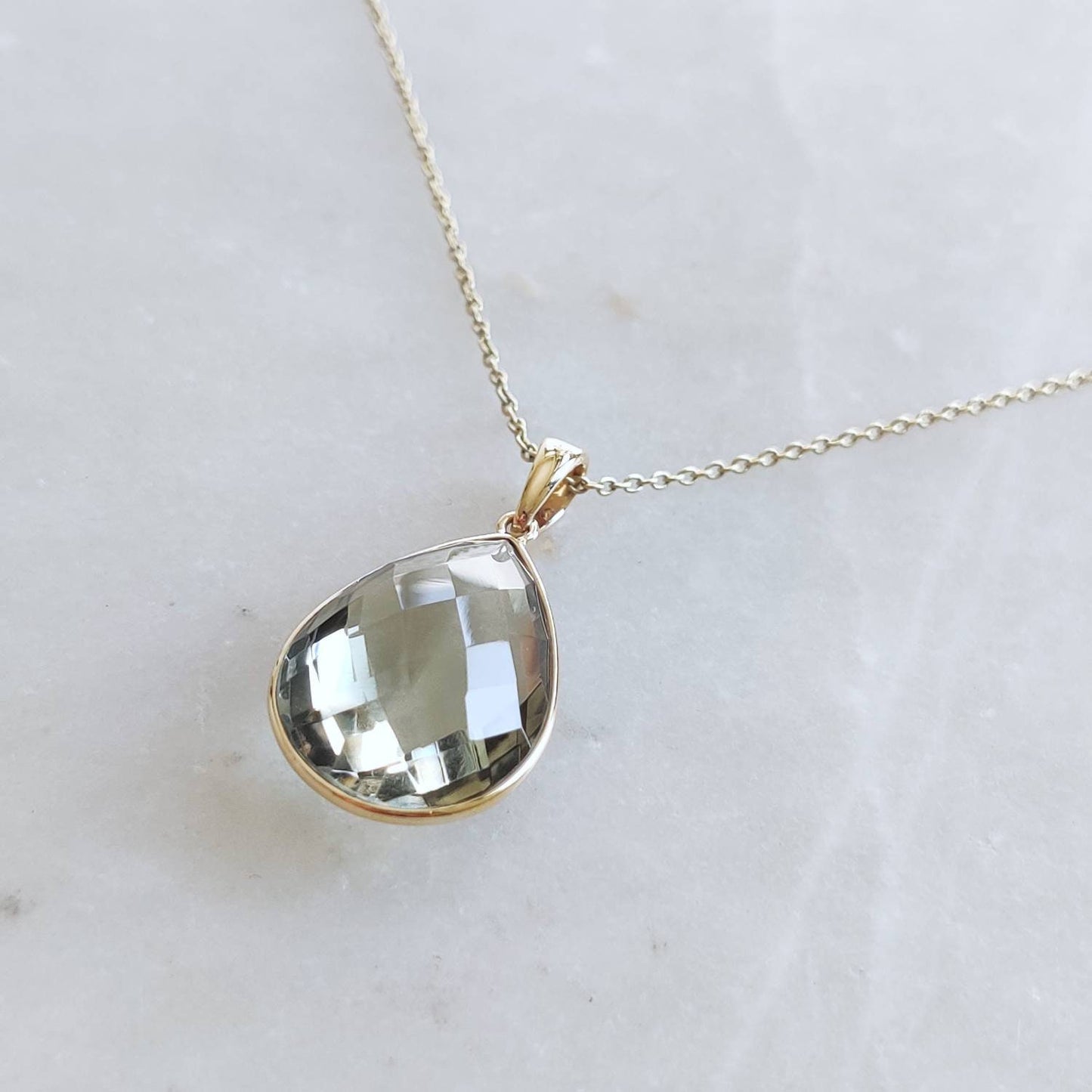 Natural Green Amethyst Pendant, 14K Solid Gold Green Amethyst Pendant, Solid Gold Pear Bezel Pendant, February Birthstone, Christmas Gift