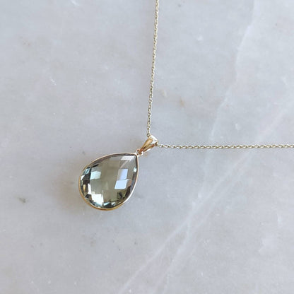 Natural Green Amethyst Pendant, 14K Solid Gold Green Amethyst Pendant, Solid Gold Pear Bezel Pendant, February Birthstone, Christmas Gift