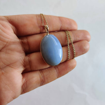 Natural Blue Opal Pendant, 14K Solid Yellow Gold Blue Opal Pendant, October Birthstone Pendant, Blue Opal Jewelry, Christmas Present