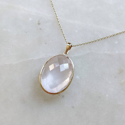 Natural Rose Quartz Pendant, 14K Solid Gold Rose Quartz Pendant, Bezel Oval Pendant, January Birthstone, Christmas Gift, Rose Quartz Jewelry