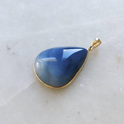 Natural Blue Opal Pendant, 14K Solid Yellow Gold Blue Opal Pendant, Bezel Pendant, October Birthstone, Birthday Gift, Blue Opal Jewelry