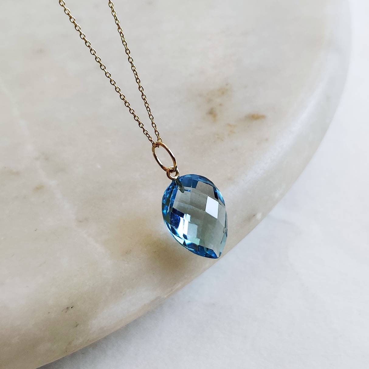 Natural Sky Blue Topaz Pendant, 14K Solid Yellow Gold Blue Topaz Pendant, December Birthstone, Checker Cut Topaz Pendant, Anniversary Gift