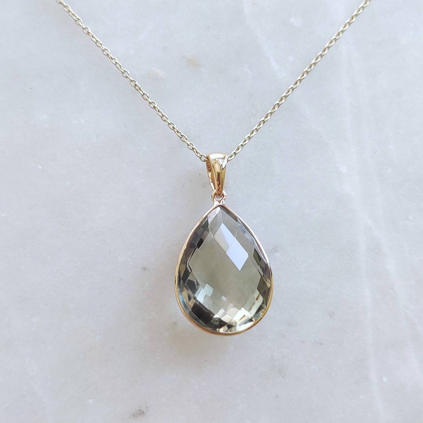 Natural Green Amethyst Pendant, 14K Solid Gold Green Amethyst Pendant, Solid Gold Pear Bezel Pendant, February Birthstone, Christmas Gift