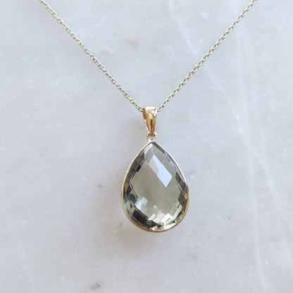 Natural Green Amethyst Pendant, 14K Solid Gold Green Amethyst Pendant, Solid Gold Pear Bezel Pendant, February Birthstone, Christmas Gift