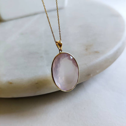 Natural Rose Quartz Pendant, 14K Solid Gold Rose Quartz Pendant, Bezel Pendant, January Birthstone, Christmas Gift, Rose Quartz Jewelry