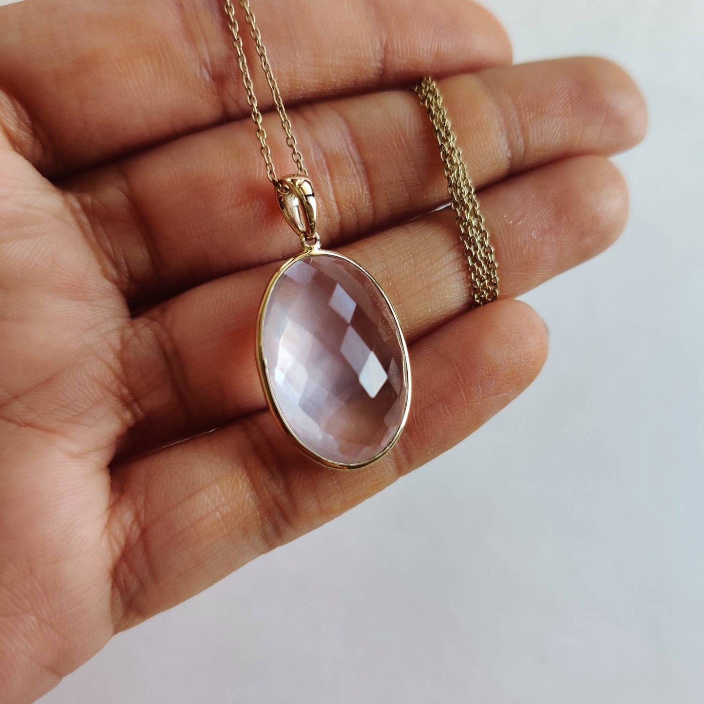 Natural Rose Quartz Pendant, 14K Solid Gold Rose Quartz Pendant, Bezel Oval Pendant, January Birthstone, Christmas Gift, Rose Quartz Jewelry