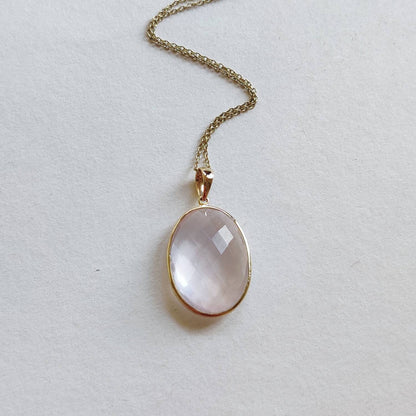 Natural Rose Quartz Pendant, 14K Solid Gold Rose Quartz Pendant, Bezel Oval Pendant, January Birthstone, Christmas Gift, Rose Quartz Jewelry