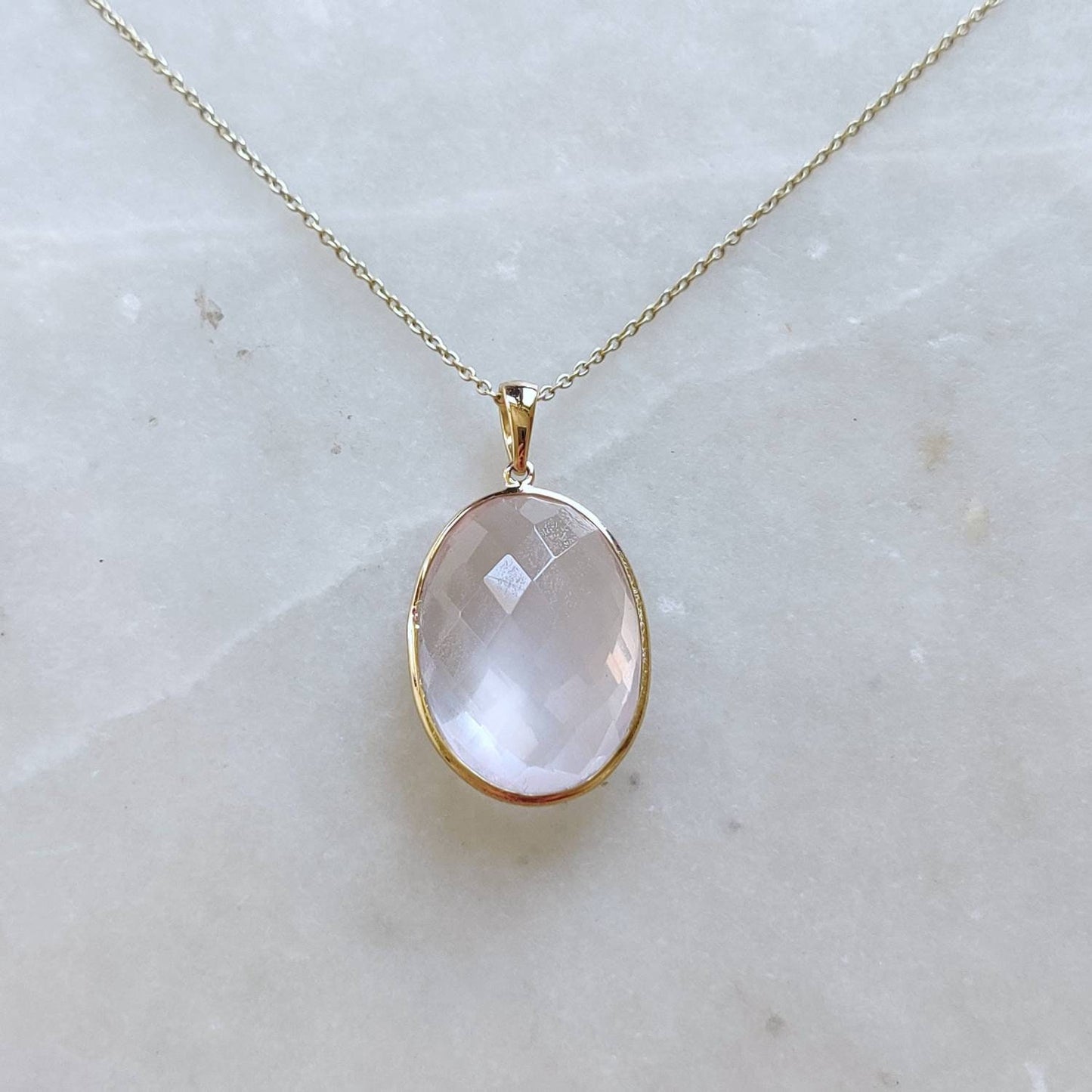 Natural Rose Quartz Pendant, 14K Solid Gold Rose Quartz Pendant, Bezel Oval Pendant, January Birthstone, Christmas Gift, Rose Quartz Jewelry