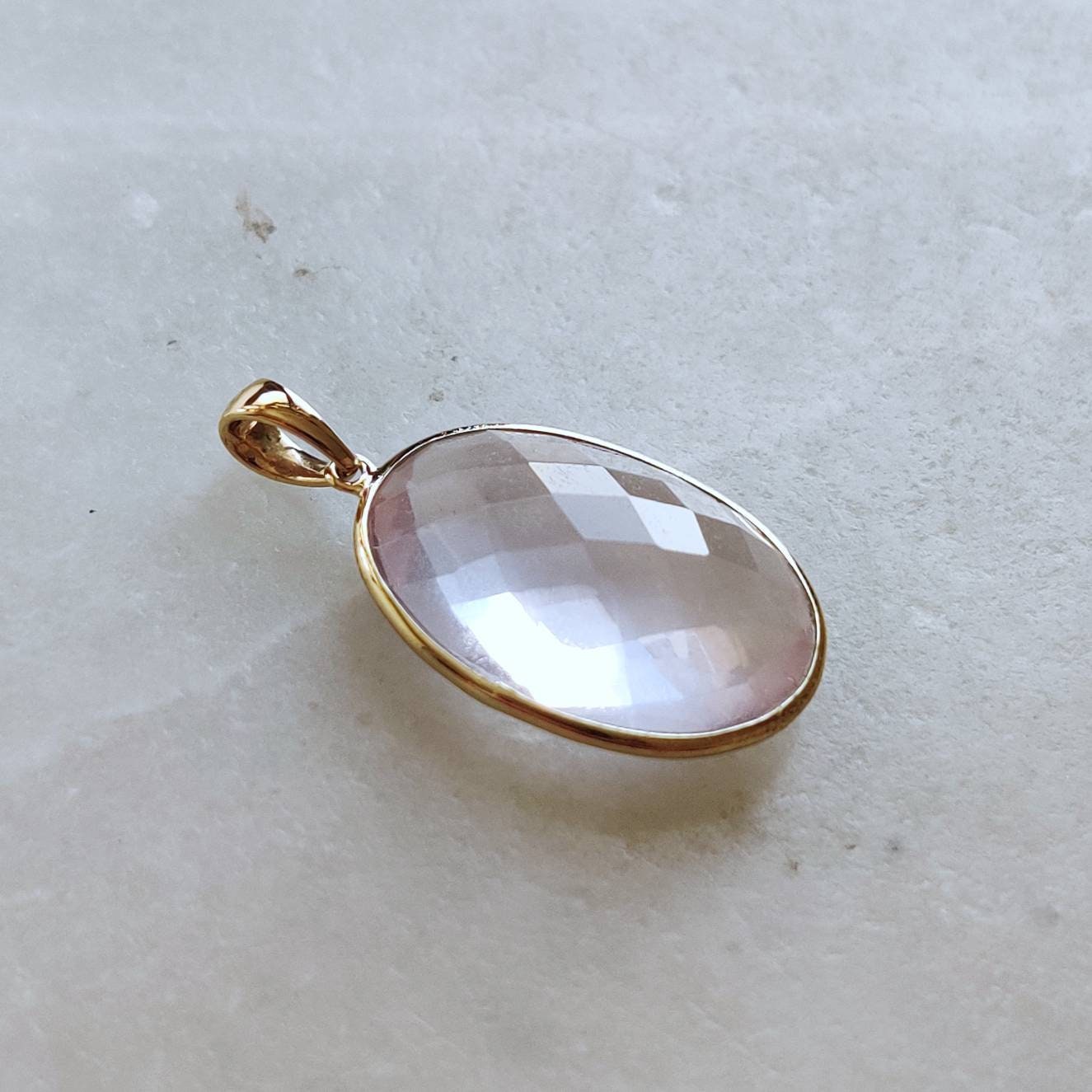 Natural Rose Quartz Pendant, 14K Solid Gold Rose Quartz Pendant, Bezel Oval Pendant, January Birthstone, Christmas Gift, Rose Quartz Jewelry