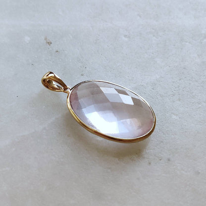 Natural Rose Quartz Pendant, 14K Solid Gold Rose Quartz Pendant, Bezel Oval Pendant, January Birthstone, Christmas Gift, Rose Quartz Jewelry