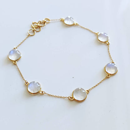 Pulsera de piedra lunar arcoíris natural, pulsera de piedra lunar de oro amarillo de 14 quilates, pulsera de cadena, pulsera de piedras preciosas delicadas, piedra natal de junio