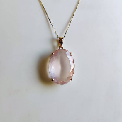 Colgante de cuarzo rosa natural, colgante de cuarzo rosa de oro macizo de 14 quilates, piedra natal de enero, regalo de Navidad, joyería de cuarzo rosa, colgante de punta