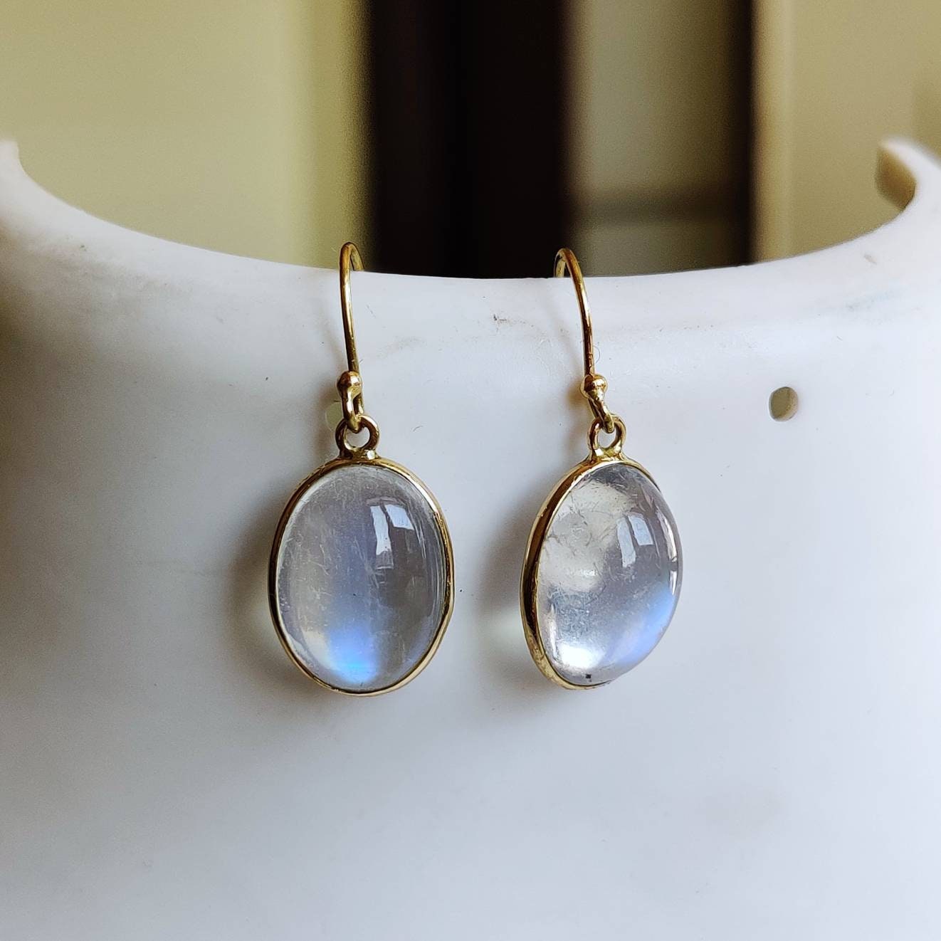 14K Gold Rainbow Moonstone Earrings, Natural Rainbow Moonstone Bezel Earrings, 14K Solid Yellow Gold Earring, June Birthstone, Drop Earrings