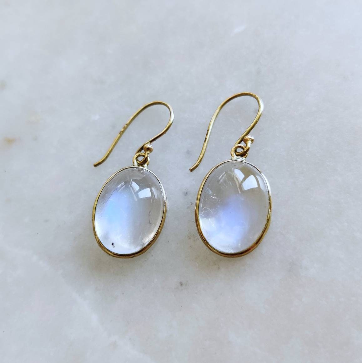 14K Gold Rainbow Moonstone Earrings, Natural Rainbow Moonstone Bezel Earrings, 14K Solid Yellow Gold Earring, June Birthstone, Drop Earrings