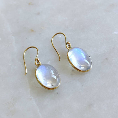 14K Gold Rainbow Moonstone Earrings, Natural Rainbow Moonstone Bezel Earrings, 14K Solid Yellow Gold Earring, June Birthstone, Drop Earrings