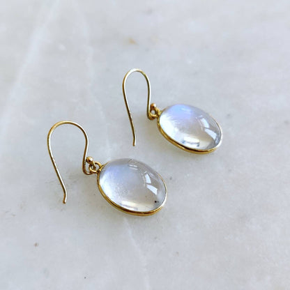 14K Gold Rainbow Moonstone Earrings, Natural Rainbow Moonstone Bezel Earrings, 14K Solid Yellow Gold Earring, June Birthstone, Drop Earrings