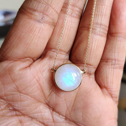 Natural Rainbow Moonstone Necklace, 14K Solid Gold Moonstone Pendant, Yellow Gold Necklace Pendant, Blue Moonstone Jewelry, June Birthstone