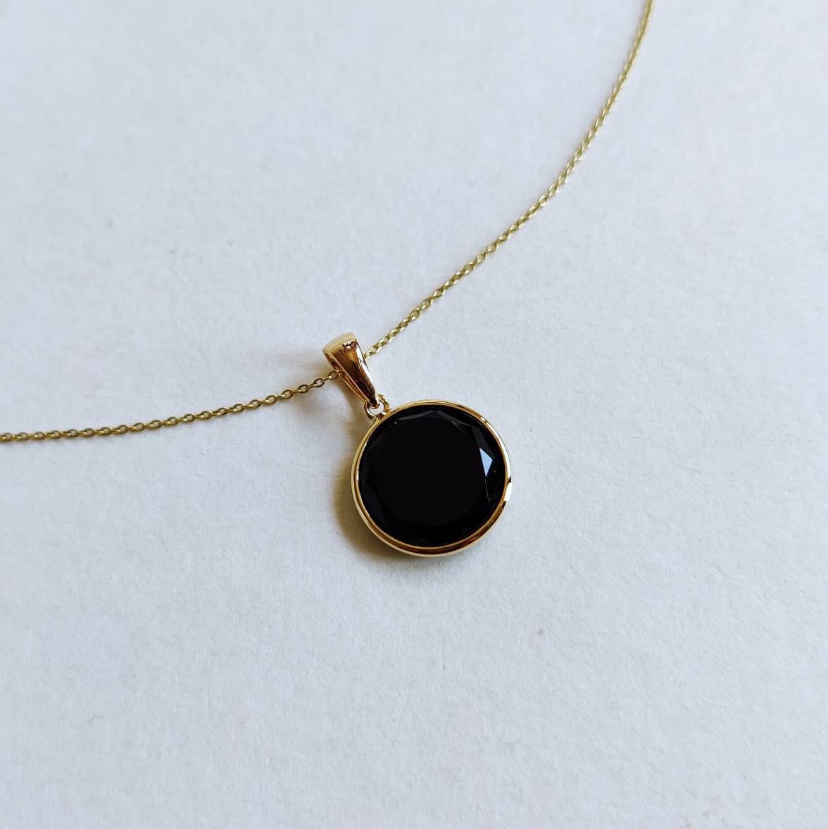 Natural Black Onyx Pendant, 14K Solid Yellow Gold Black Onyx Pendant, Bezel Pendant, December Birthstone, Christmas Gift, Round Pendant