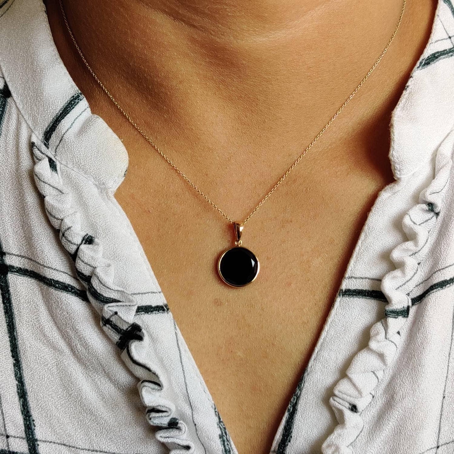 Natural Black Onyx Pendant, 14K Solid Yellow Gold Black Onyx Pendant, Bezel Pendant, December Birthstone, Christmas Gift, Round Pendant