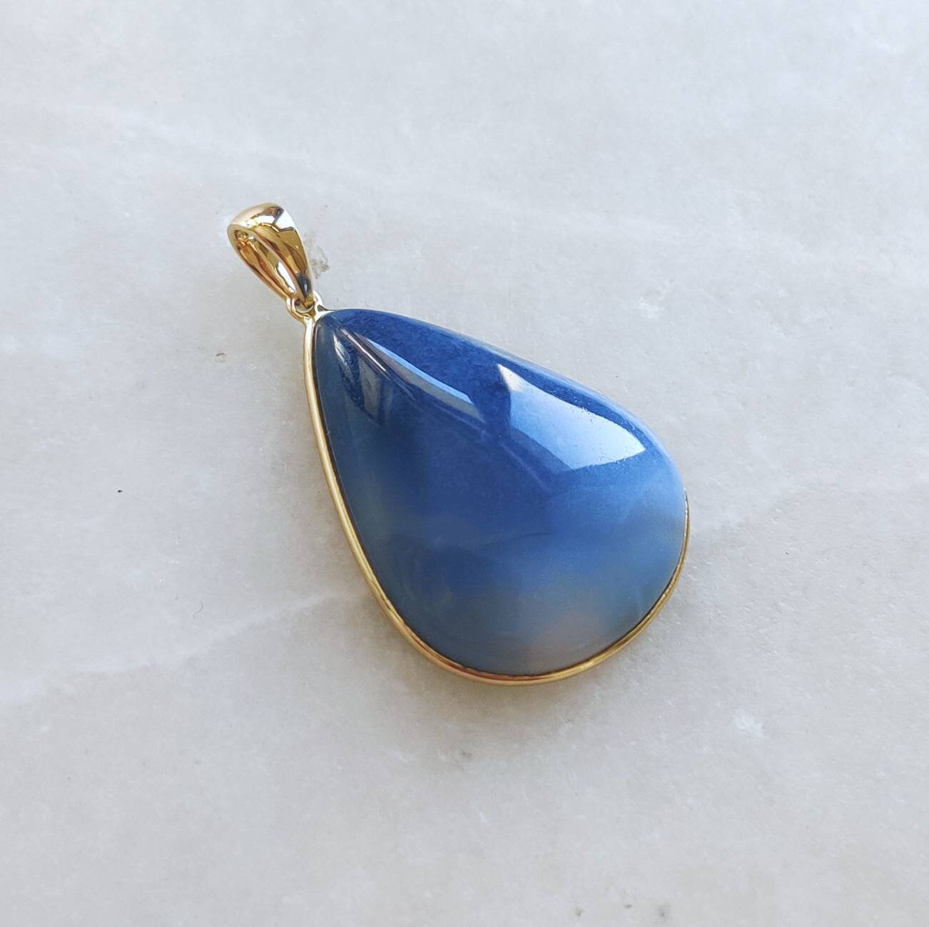 Natural Blue Opal Pendant, 14K Solid Yellow Gold Blue Opal Pendant, Bezel Pendant, October Birthstone, Birthday Gift, Blue Opal Jewelry