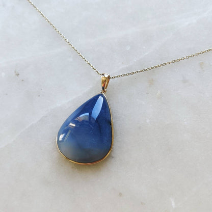 Natural Blue Opal Pendant, 14K Solid Yellow Gold Blue Opal Pendant, Bezel Pendant, October Birthstone, Birthday Gift, Blue Opal Jewelry