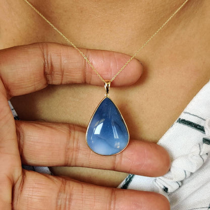 Natural Blue Opal Pendant, 14K Solid Yellow Gold Blue Opal Pendant, Bezel Pendant, October Birthstone, Birthday Gift, Blue Opal Jewelry