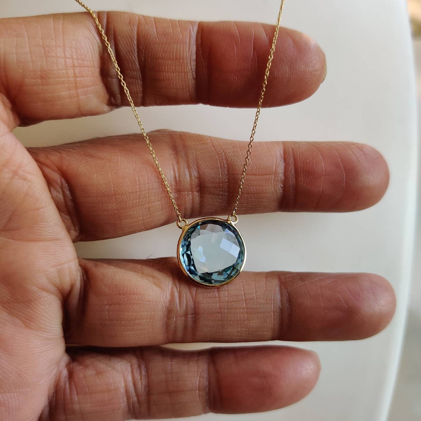 Natural Sky Blue Topaz Pendant, 14K Solid Yellow Gold Blue Topaz Pendant, Solid Gold Pendant Necklace, December Birthstone, Christmas Gift