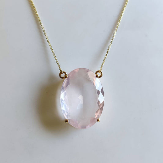 Natural Rose Quartz Pendant, 14K Solid Gold Rose Quartz Pendant, Solid Gold Prong Pendant Necklace, January Birthstone, Christmas Gift