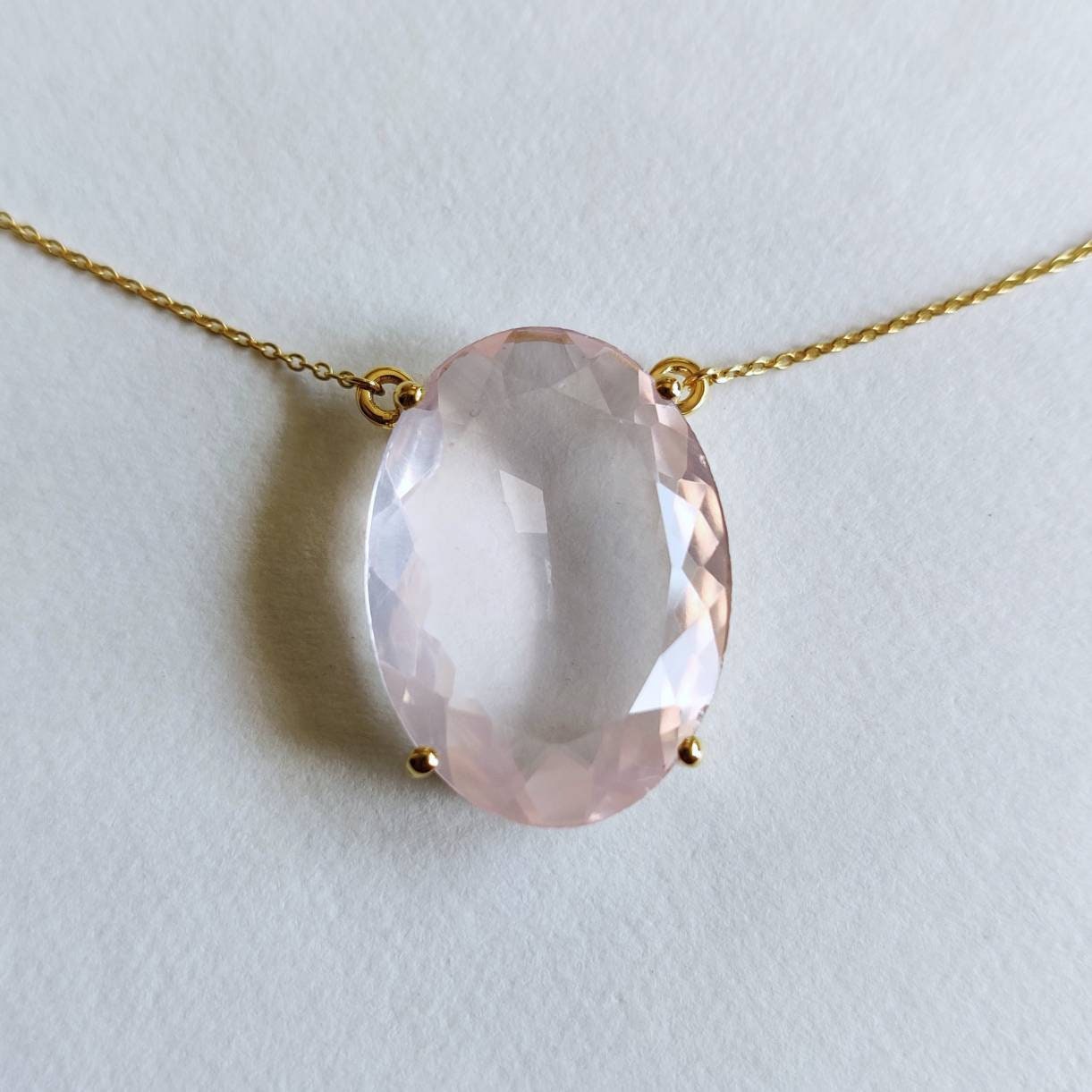 Natural Rose Quartz Pendant, 14K Solid Gold Rose Quartz Pendant, Solid Gold Prong Pendant Necklace, January Birthstone, Christmas Gift