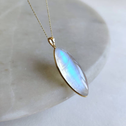 Natural Rainbow Moonstone Pendant, 14K Solid Yellow Gold Moonstone Pendant, Blue Moonstone Jewelry, June Birthstone Pendant