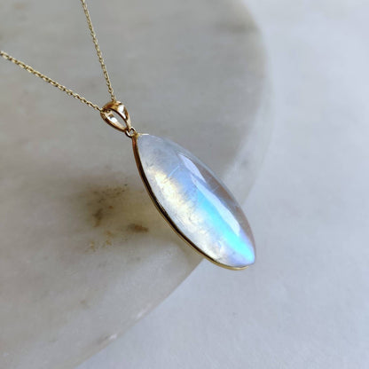 Natural Rainbow Moonstone Pendant, 14K Solid Yellow Gold Moonstone Pendant, Blue Moonstone Jewelry, June Birthstone Pendant