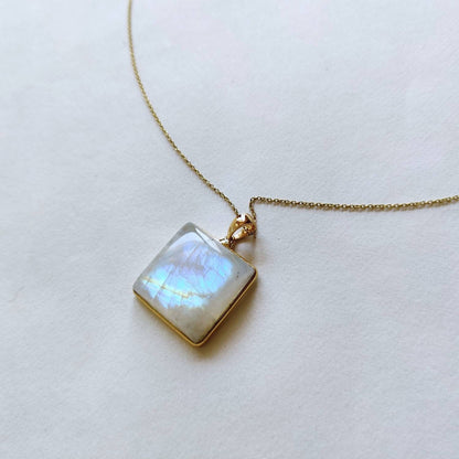 Natural Rainbow Moonstone Pendant, 14K Solid Yellow Gold Moonstone Pendant, Moonstone Jewelry, June Birthstone Pendant, Christmas Present