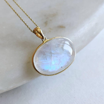 Natural Rainbow Moonstone Necklace, 14K Solid Gold Moonstone Pendant, Yellow Gold Necklace Pendant, Blue Moonstone Jewelry, June Birthstone