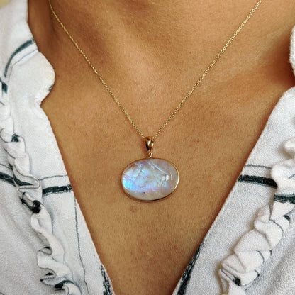 Natural Rainbow Moonstone Necklace, 14K Solid Gold Moonstone Pendant, Yellow Gold Necklace Pendant, Blue Moonstone Jewelry, June Birthstone