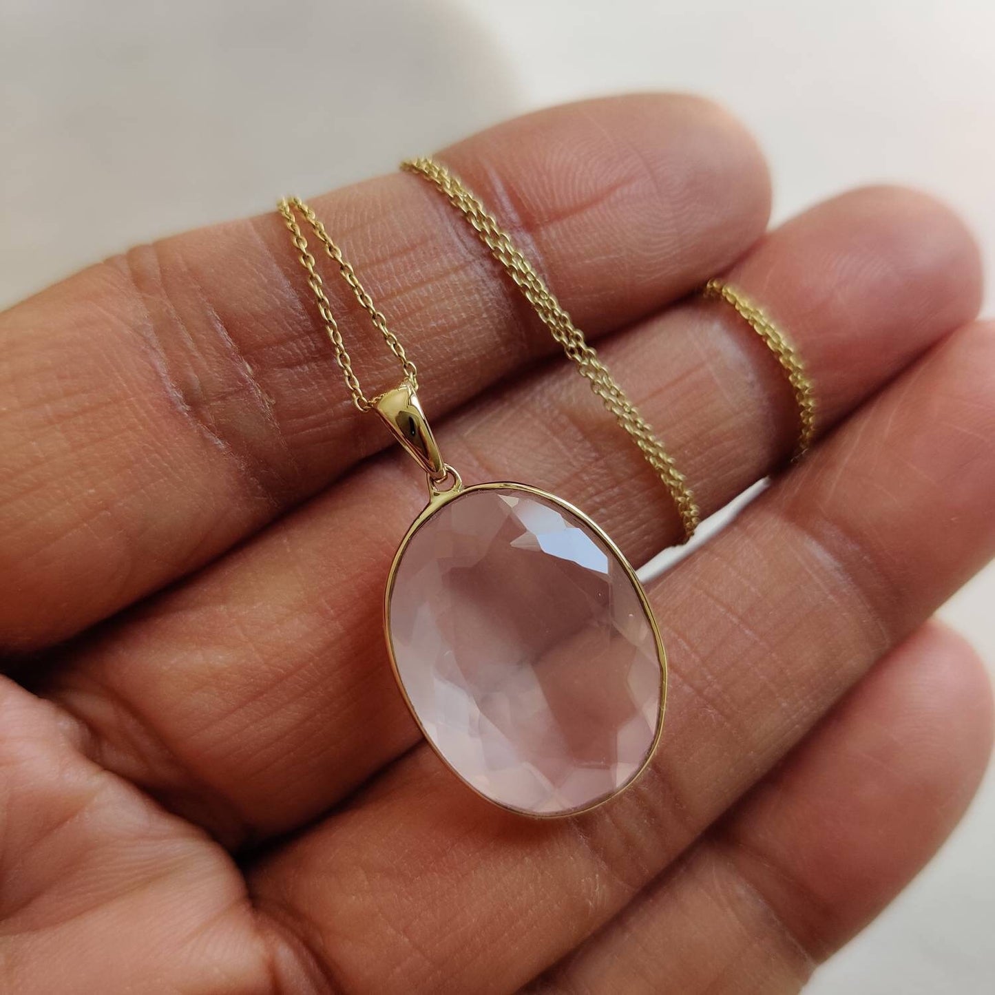 Natural Rose Quartz Pendant, 14K Solid Gold Rose Quartz Pendant, Solid Gold Pendant, January Birthstone,Christmas Gift, Bezel Pendant