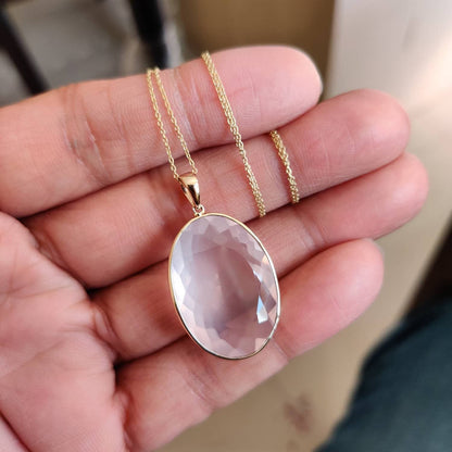 Natural Rose Quartz Pendant, 14K Solid Gold Rose Quartz Pendant, Bezel Pendant, January Birthstone, Christmas Gift, Rose Quartz Jewelry