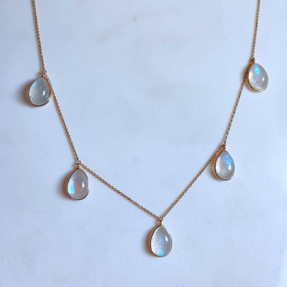 Natural Rainbow Moonstone Necklace, 14K Solid Gold Moonstone Necklace, Yellow Gold Chain Necklace, Blue Moonstone Jewelry, June Birthstone